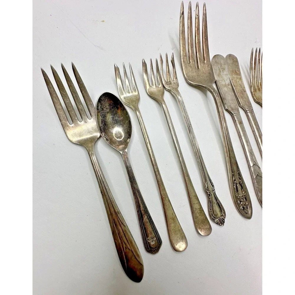 Silver Plated Flatware Lot Ladle Meat Fork Cocktail Butter Knife Spoon 11 pc VTG